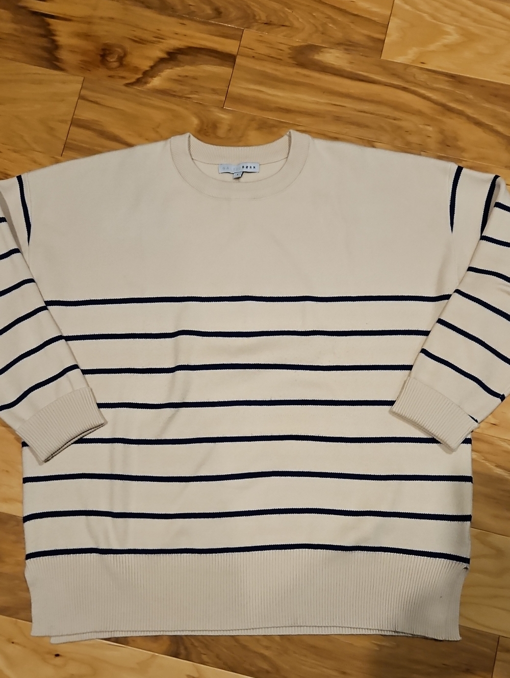 Baltic Born Cream Navy Stripes Ribbed Crewneck Sweater Size L